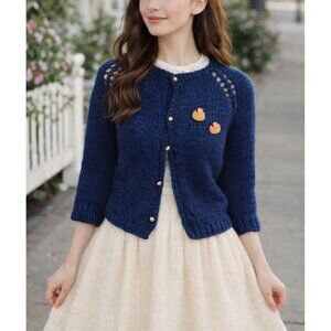 Vintage Hand Knitted Mini Cardigan Chunky Knit Navy Blue size S